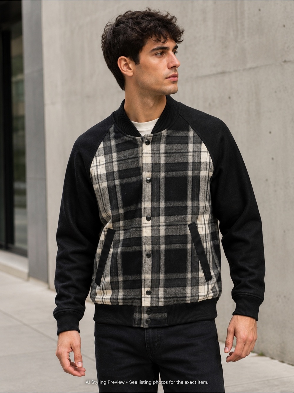 WeSC Men’s Small Black Cream Plaid Wool Blend Padded Bomber Jacket